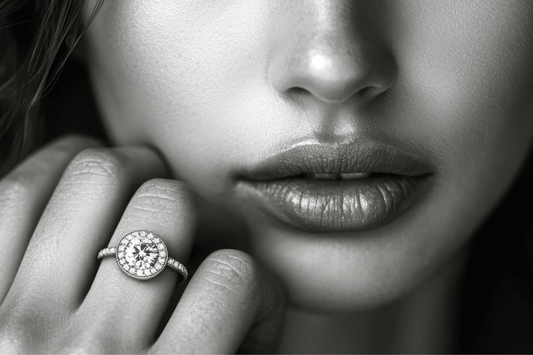 Close-up of a woman's face wearing a diamond ring on her finger.