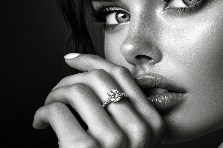 Close-up of a woman's hand with a diamond ring on a dark background
