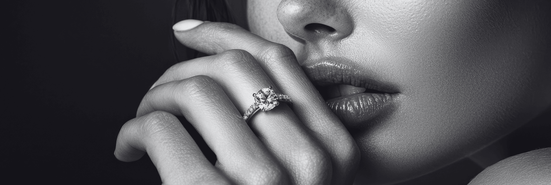 Close-up of a hand wearing a diamond ring with a blurred background
