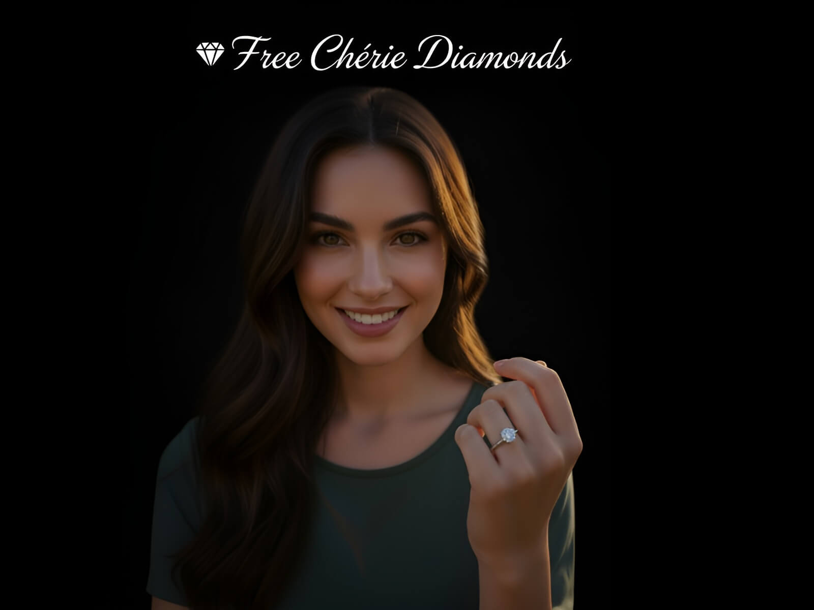 Woman wearing a diamond ring with 'Free Chérie Diamonds' text above her head.