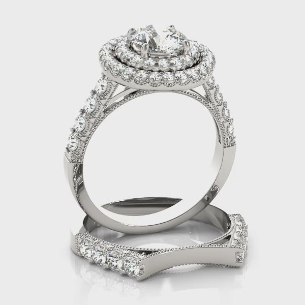 Round Double Halo Ring With Side Stones