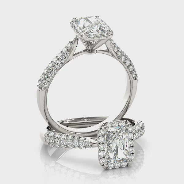 Emerald-Cut V-Prong Halo Engagement Ring