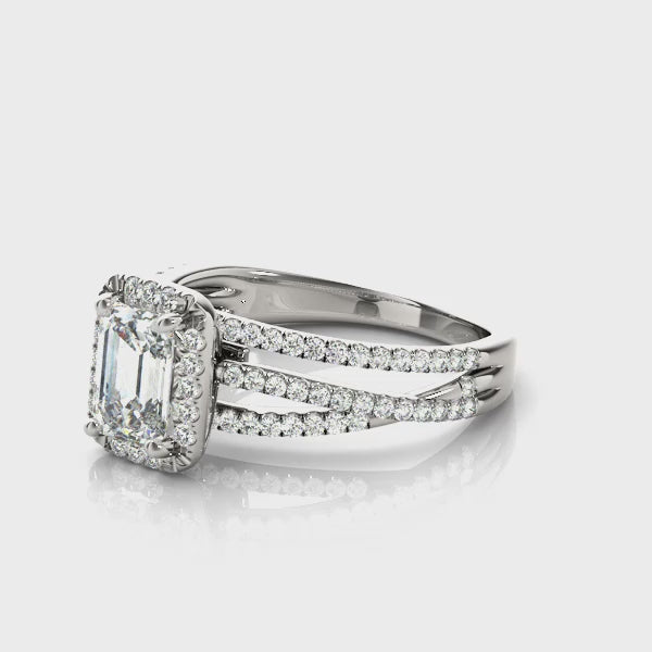 Multirow Emerald-Cut Halo Engagement Ring
