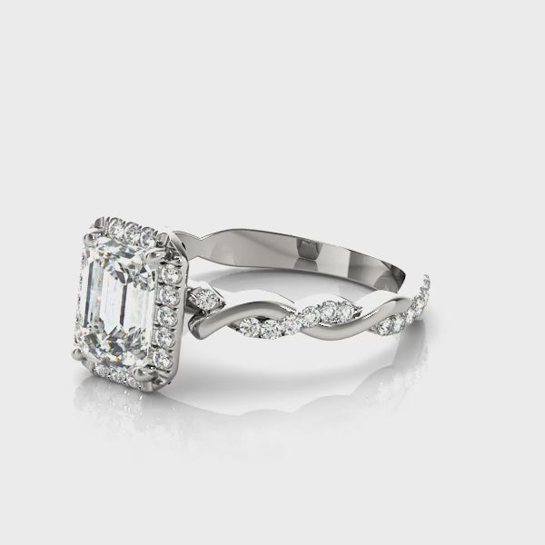Emerald-Cut Twist Halo Engagement Ring