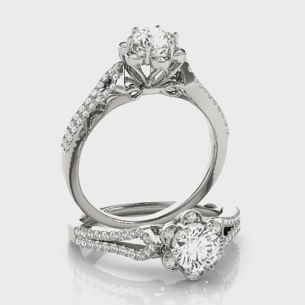 Multirow Round Diamond Halo Engagement Ring